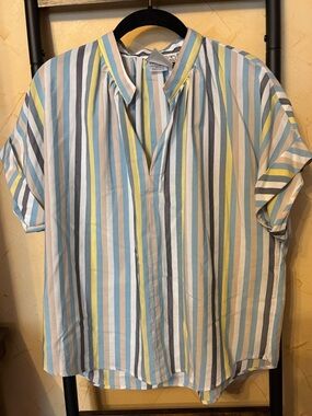 Women’s Size S Short-Sleeve Striped Popover Shirt - Blue, Yellow, Gray
